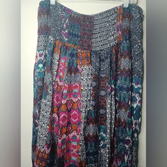 Coline Womens Patchwork Midi Full Skirt Boho Hippie Peasant Smocked Waist L/XL - Picture 3 of 6